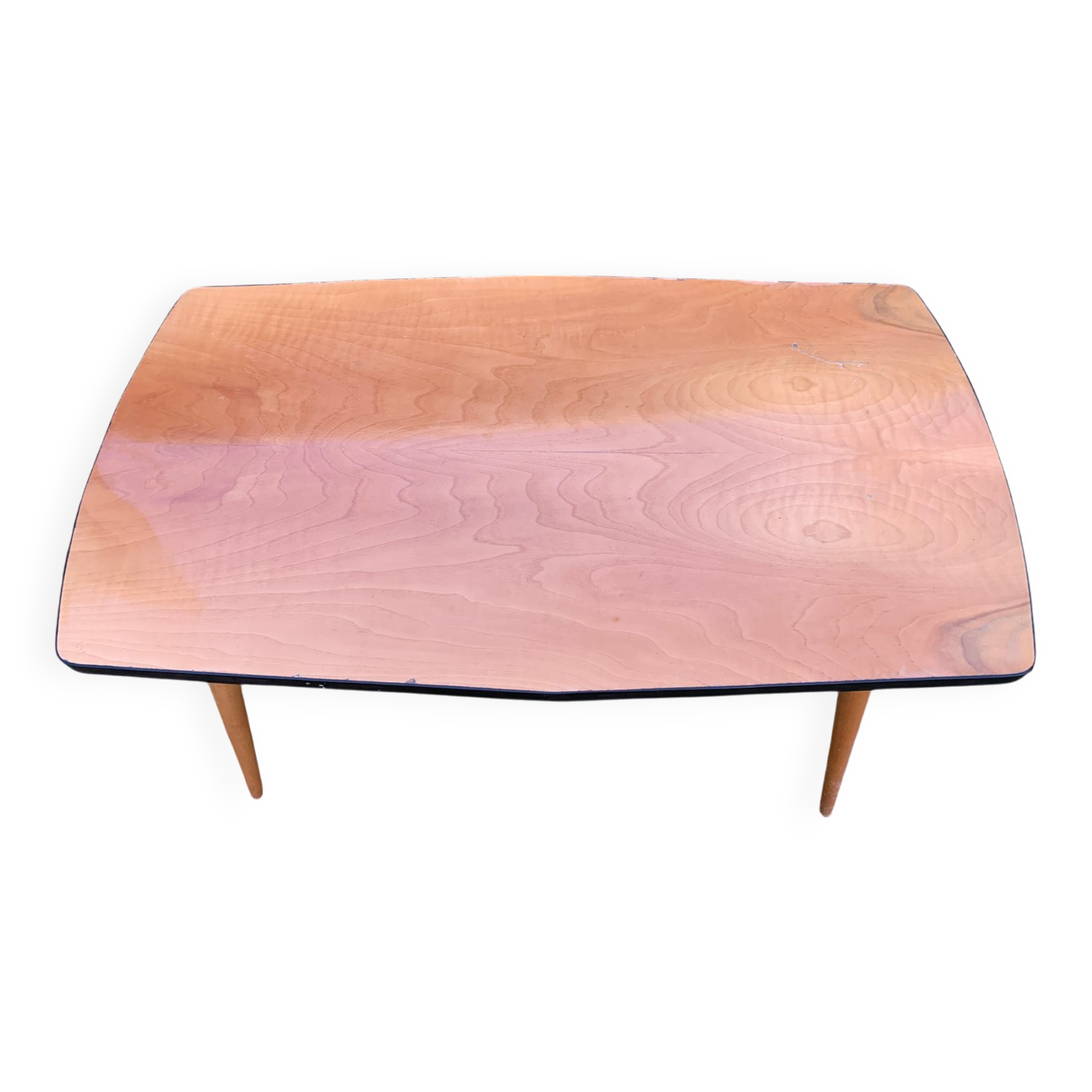 Vintage coffee table in light beech, rectangular top 120 x 50 cm, tapered legs.