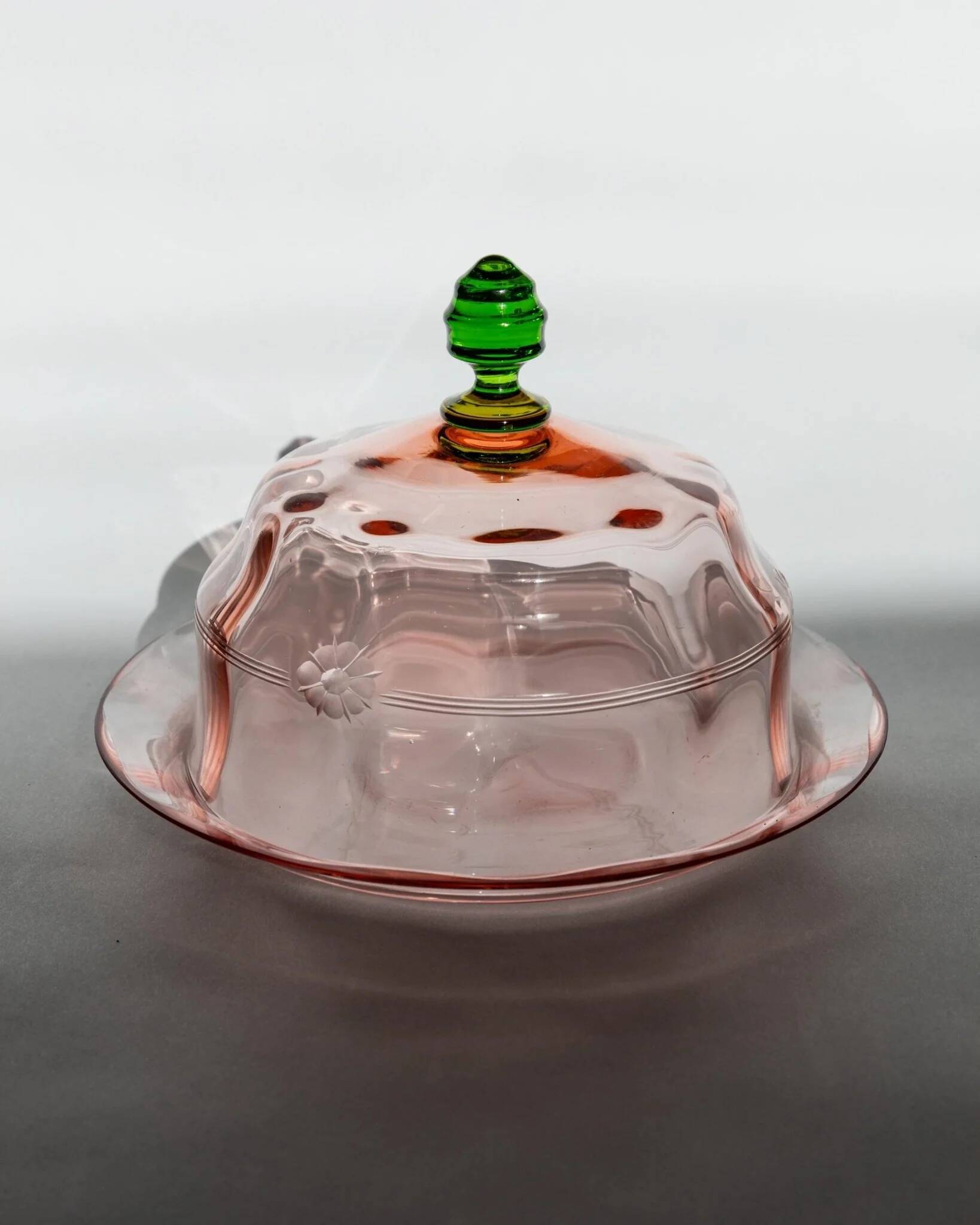 Pink Glass Cloche with Green Finial on Plate – 1930s Italian Vintage Glass Tableware