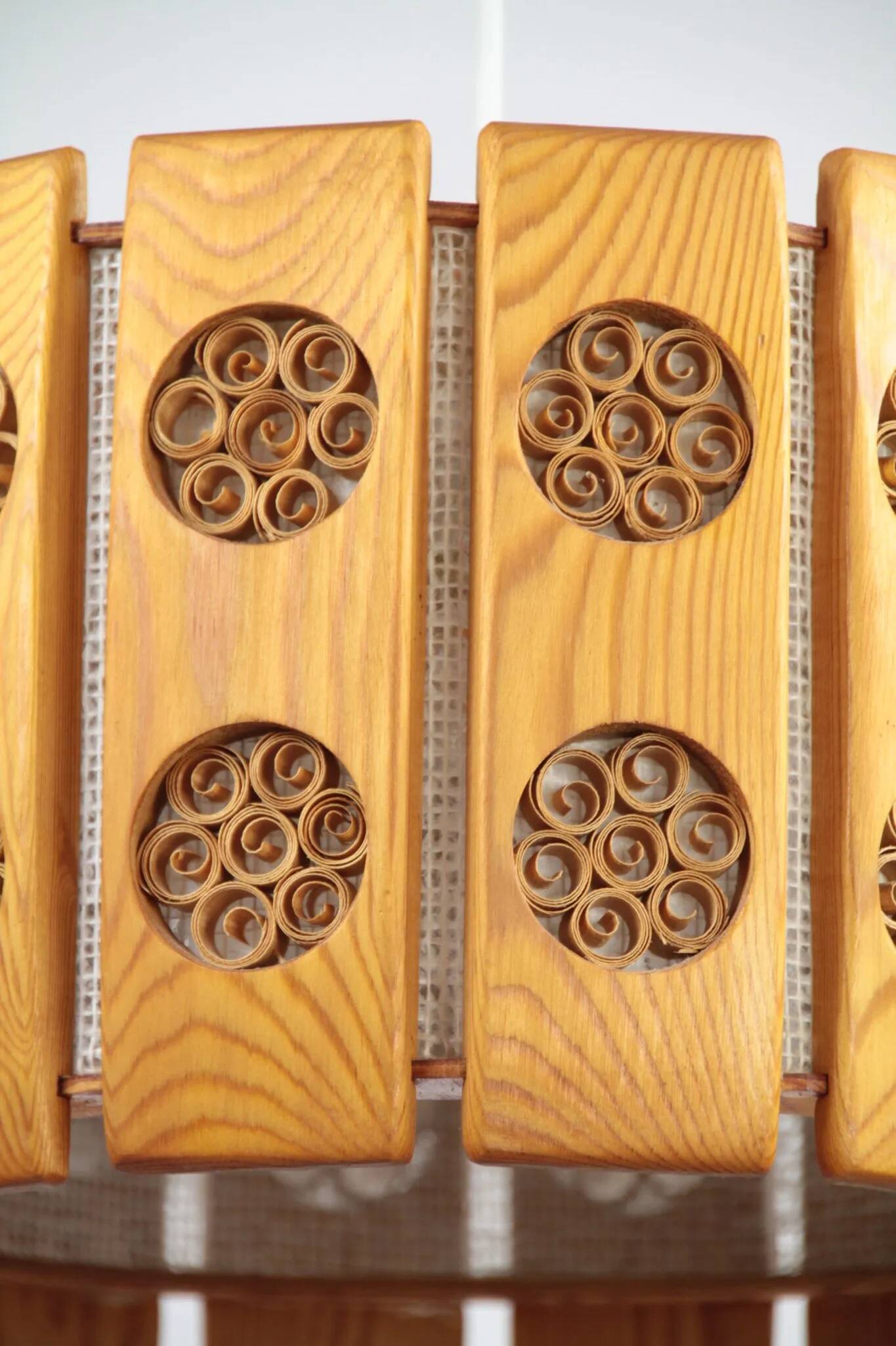 Pine Pendant Lamp with Rolled Wood Curl Rosettes – Sweden, 1970s