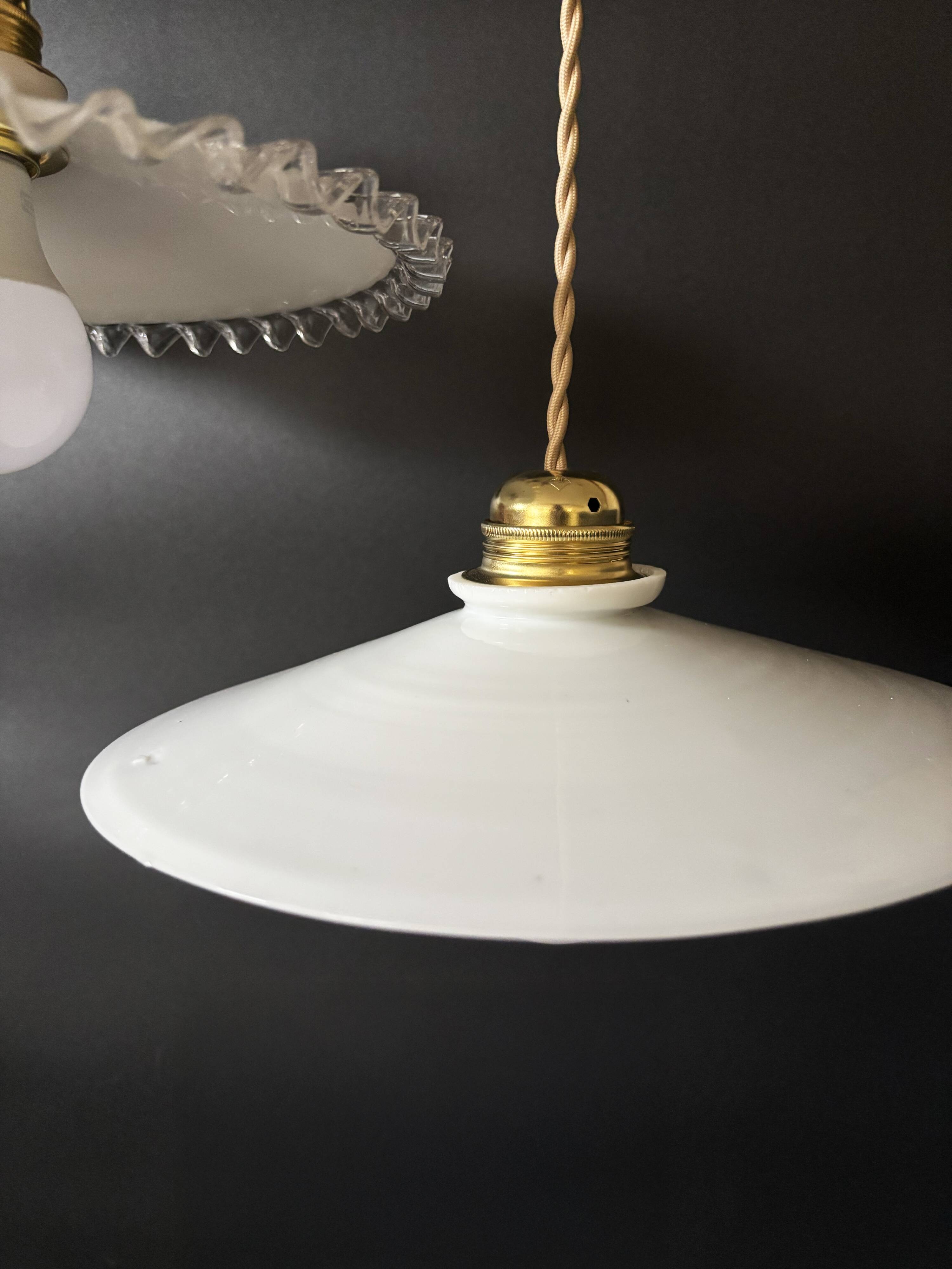 Set of 3 vintage white opaline pendants, including 2 scalloped and 1 lily.