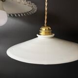 Set of 3 vintage white opaline pendants, including 2 scalloped and 1 lily.
