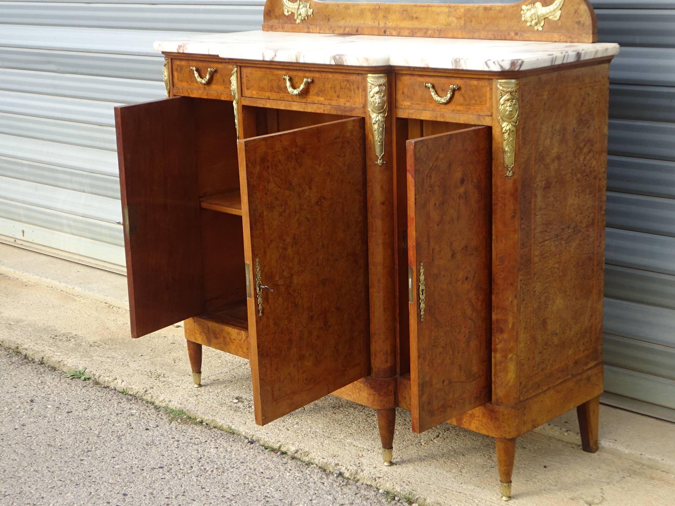 Louis XVI style walnut burl buffet with gilt bronze mounts