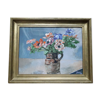 Tableau ancien signé représentant un bouquet d'anémones