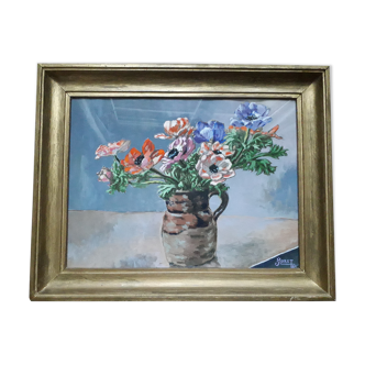 Old painting signed representing a bouquet of anemones