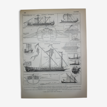 Engraving • Galley, boat, ship, sail • Original lithograph of 1898