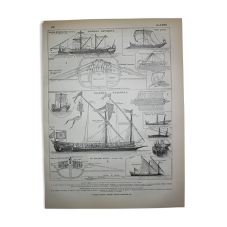 Engraving • Galley, boat, ship, sail • Original lithograph of 1898
