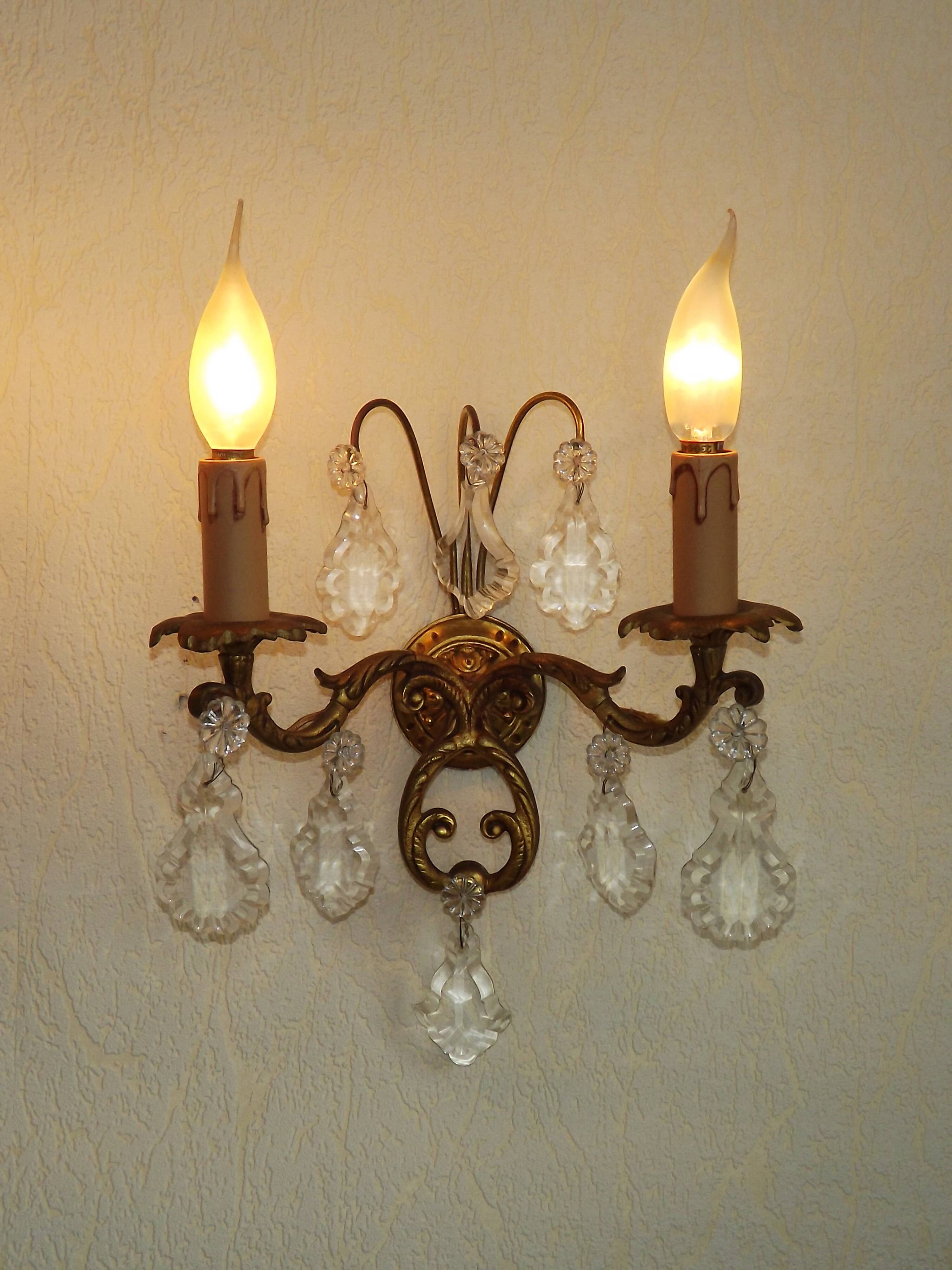 Pair of French Vintage Bronze Double Wall Lights Assorted Crystals 5331