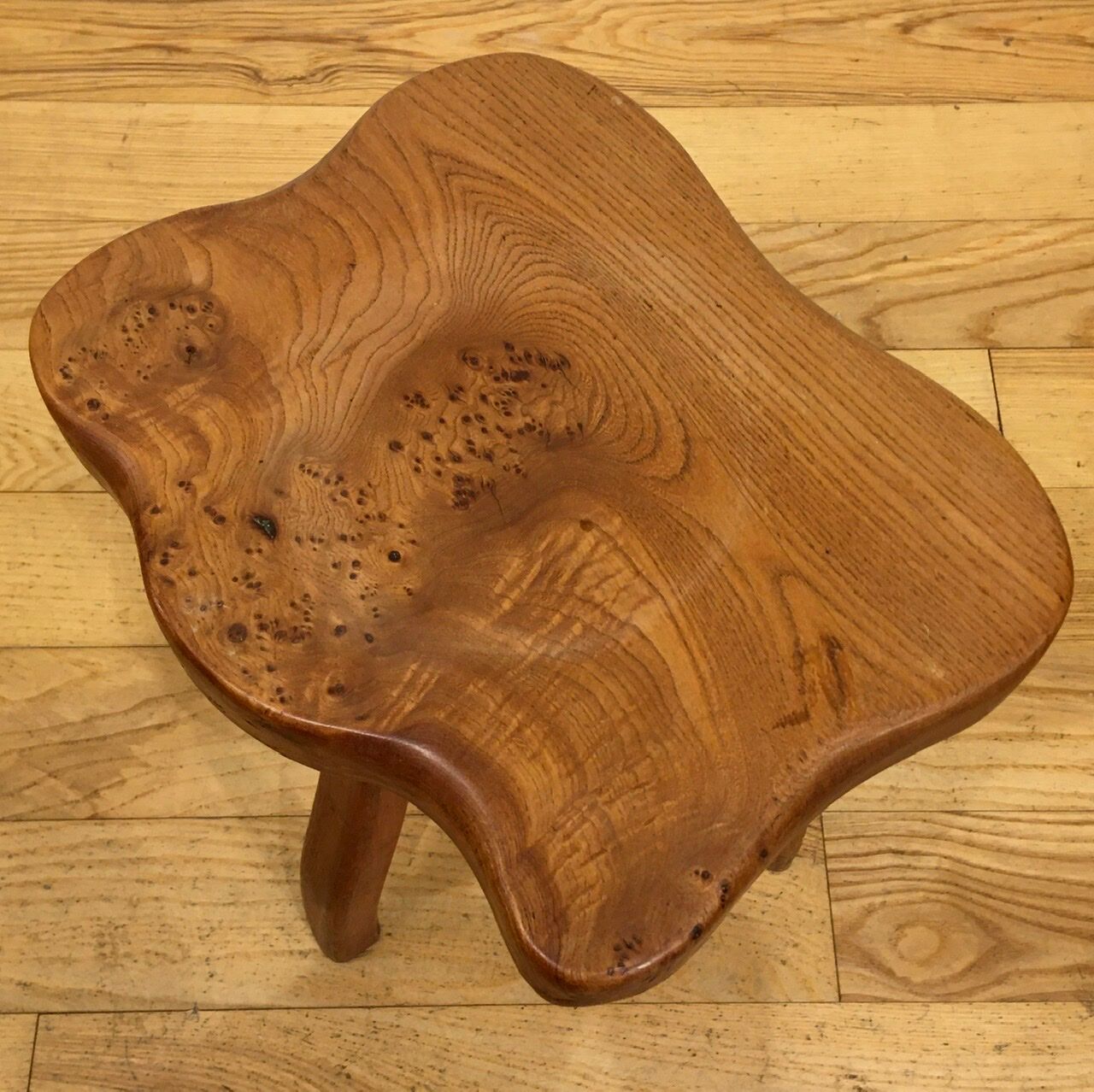 Brutalist tripod stools in solid elm, France 1960