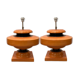 Pair of ceramic enameled ufo table lamps by Gerard Danton for Roche Bobois