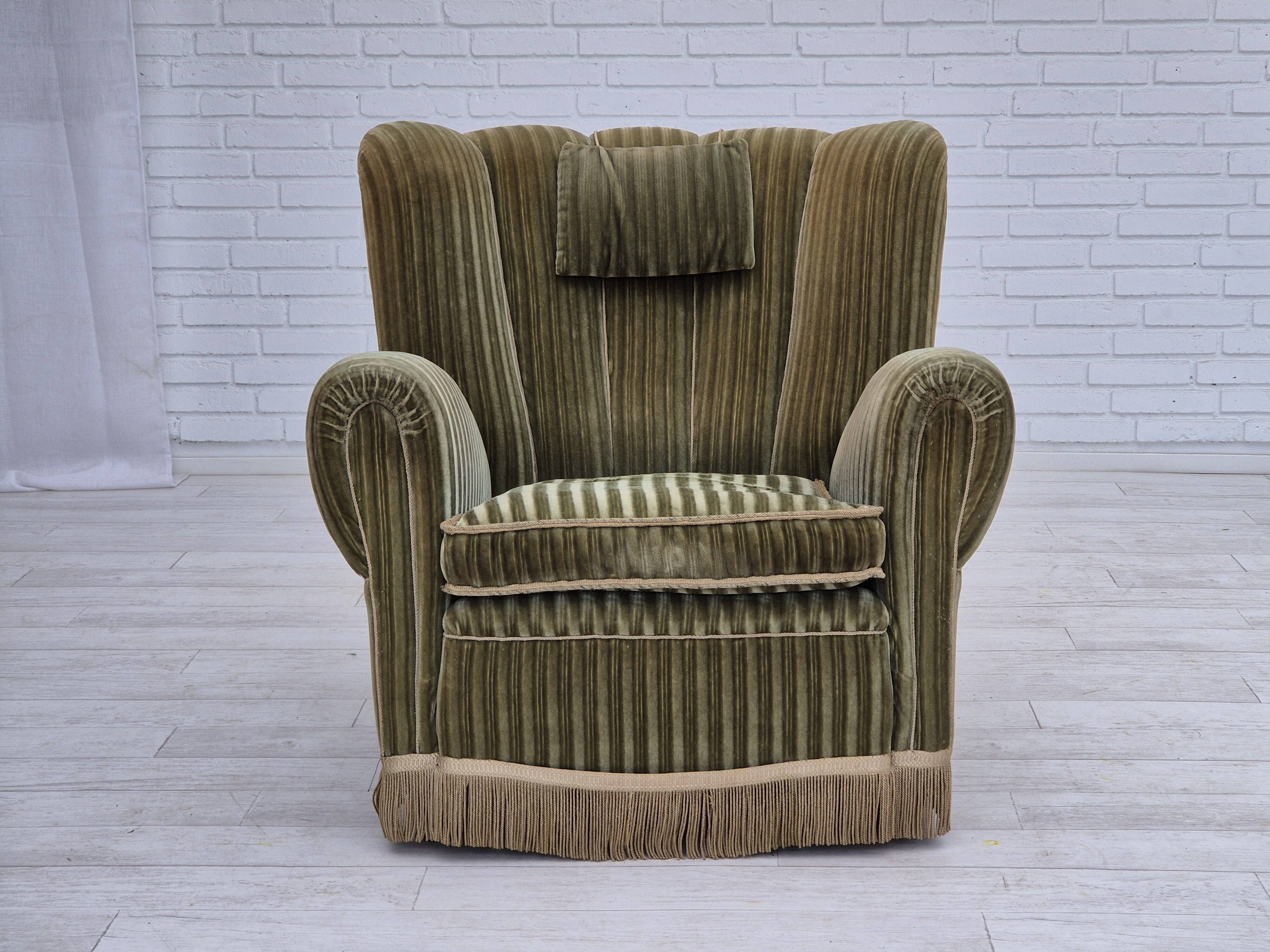 1960s, Danish relax armchair, original condition, green furniture velour.