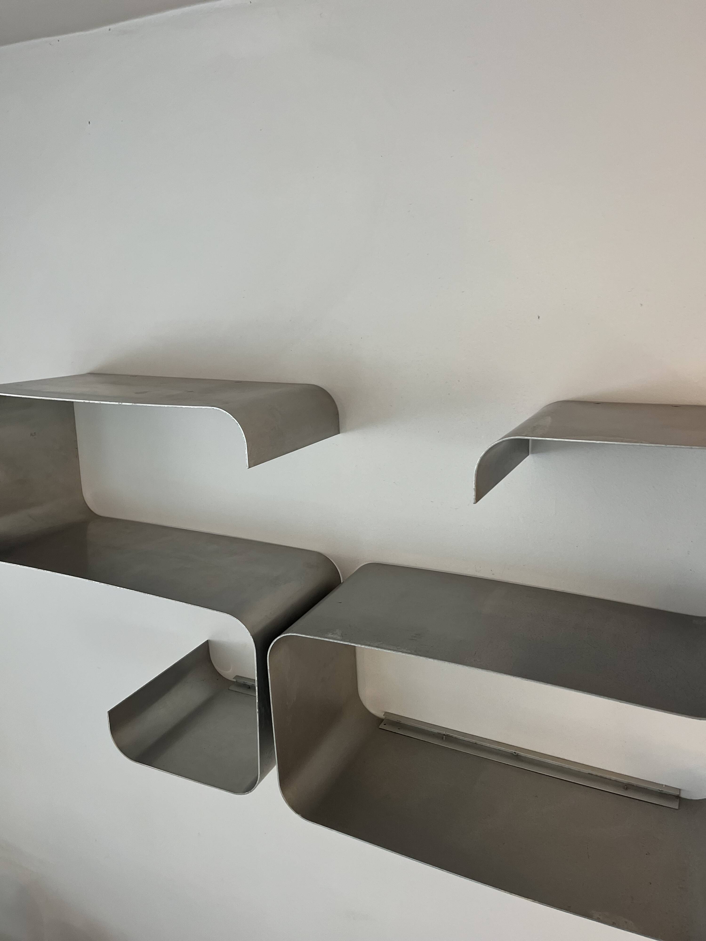 Pair of brushed aluminum shelves, 1970s