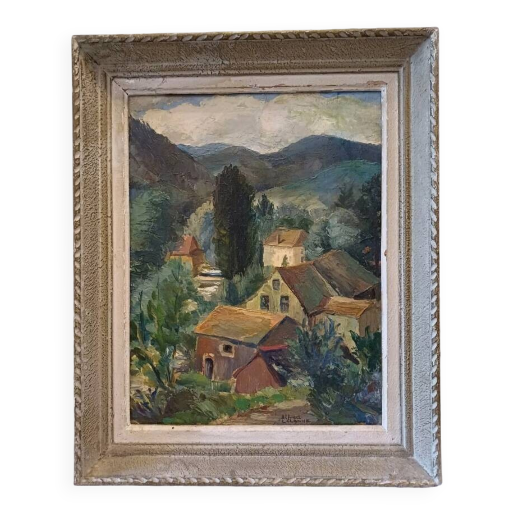 Antique oil painting on cardboard, signed Alfred Lalanne