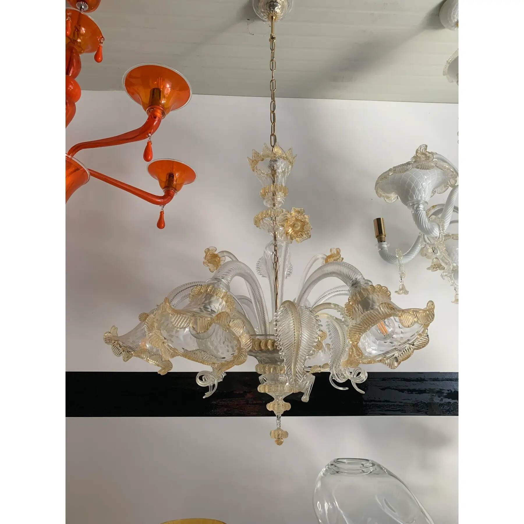Venetian Murano-Style Glass Chandelier in Transparent and Gold with Flowers