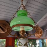 Old green opaline chandelier, gold metal and earthenware