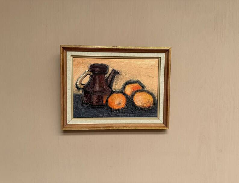 Original Swedish Oil on Panel – "Kattle and Oranges" by Herald – Signed – Dated 1966 – Framed Vintage Piece