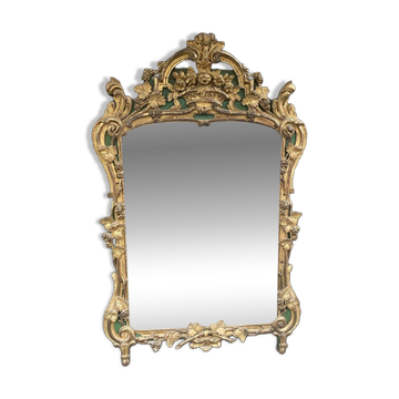 Grand miroir XVIIIe en bois doré et laqué vert