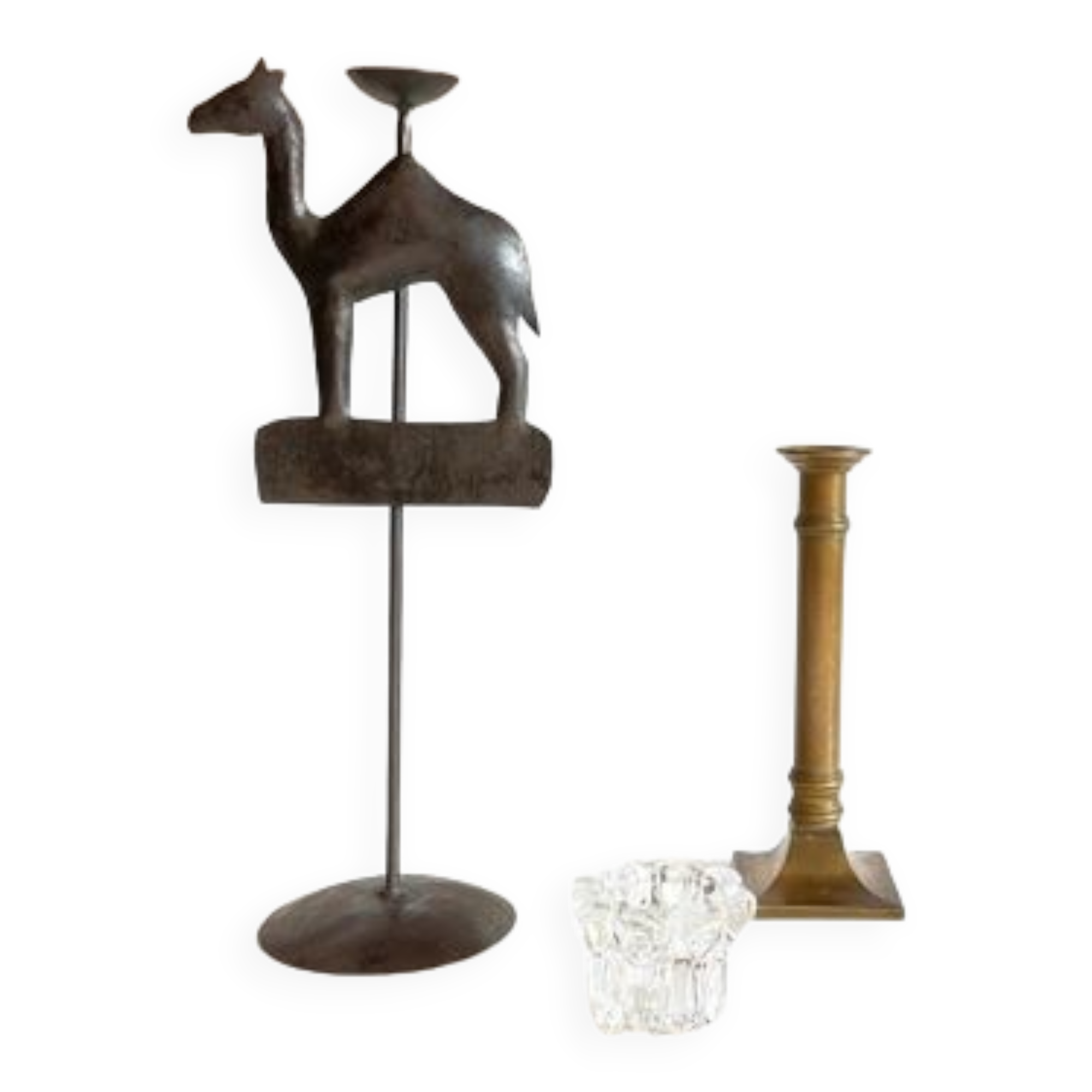 Trio de bougeoirs laiton cristal métal vintage