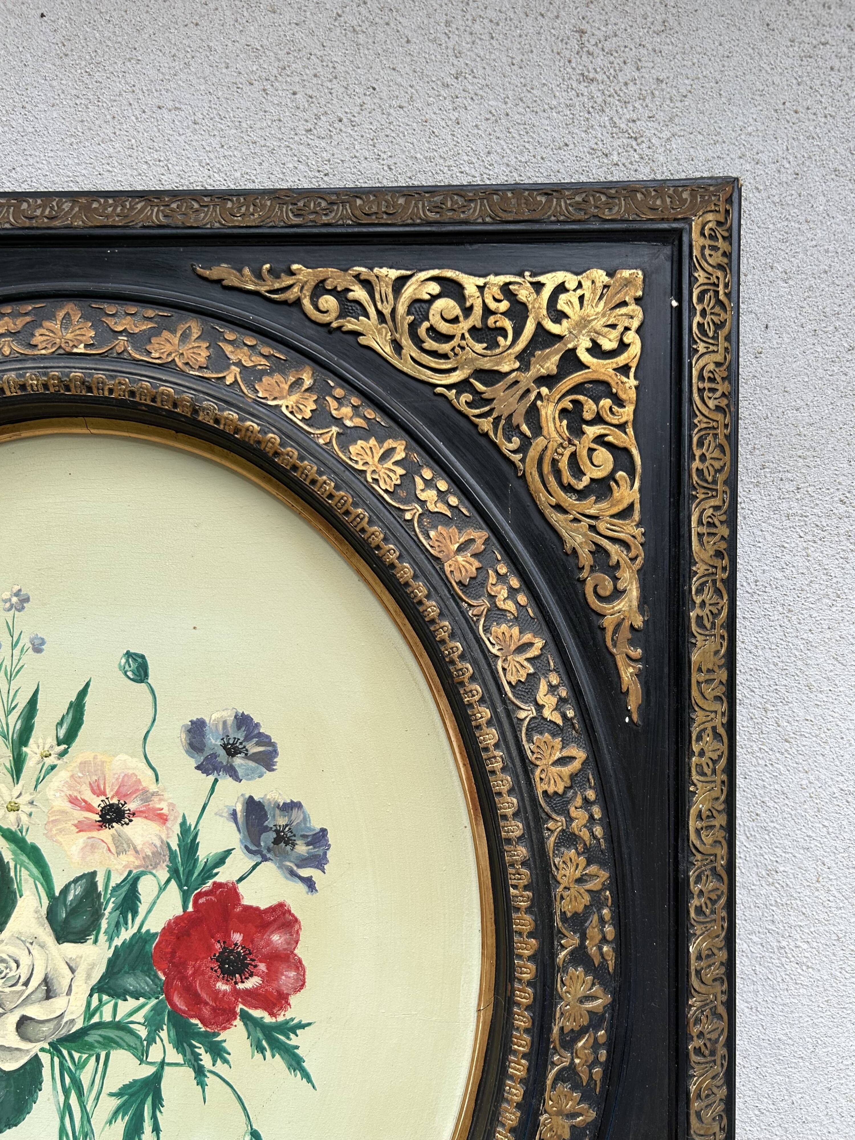 Painting of a bouquet of flowers on a panel in a medallion frame, Napoleon
