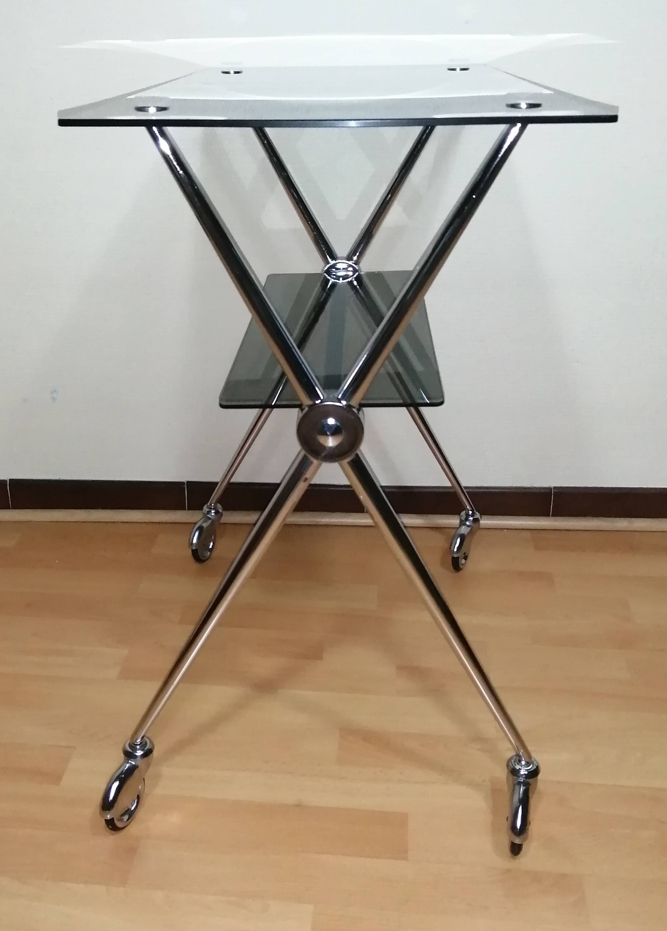 Chrome glass dessert trolley with double trays 1970