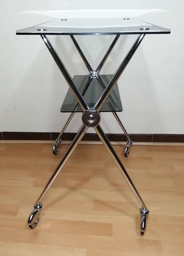 Desserte en verre chromé à roulette double plateaux 1970