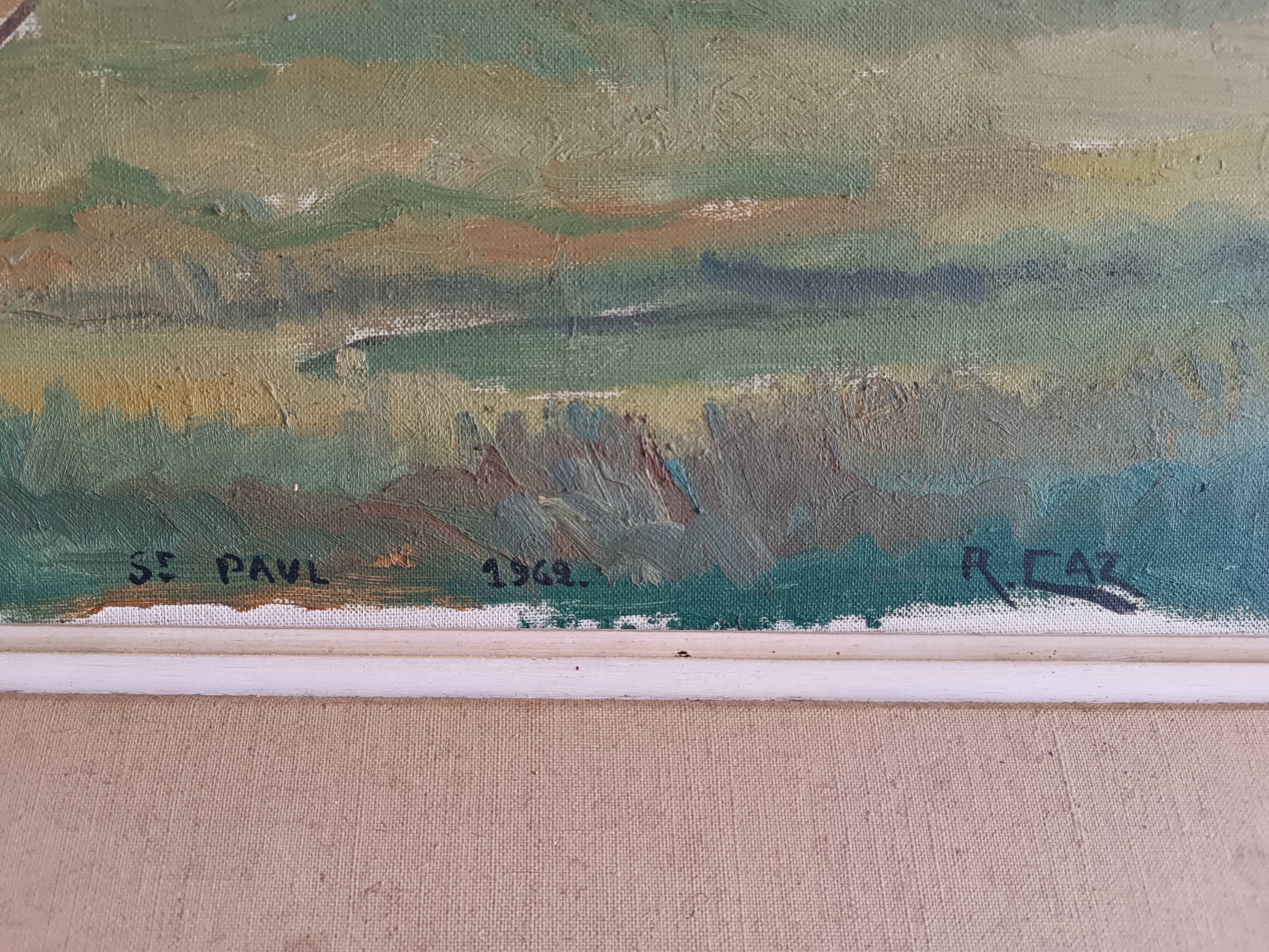 Large oil on canvas landscape of St Paul de Serre signed R. CAZ.