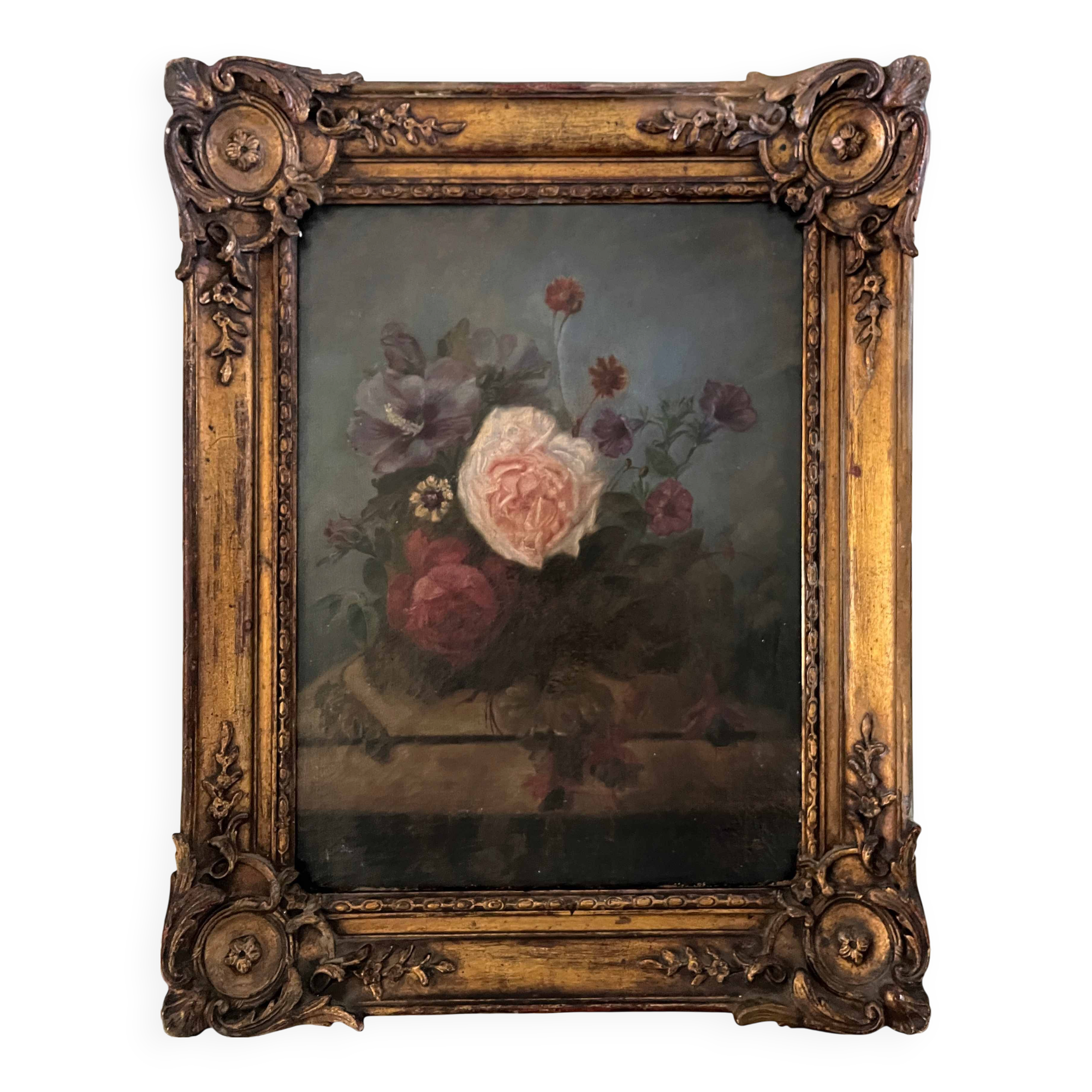 Tableau HST circa 1874 Flower jetty on entablature signed + frame