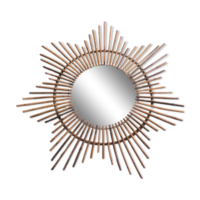 Miroir soleil rotin bambou années 60