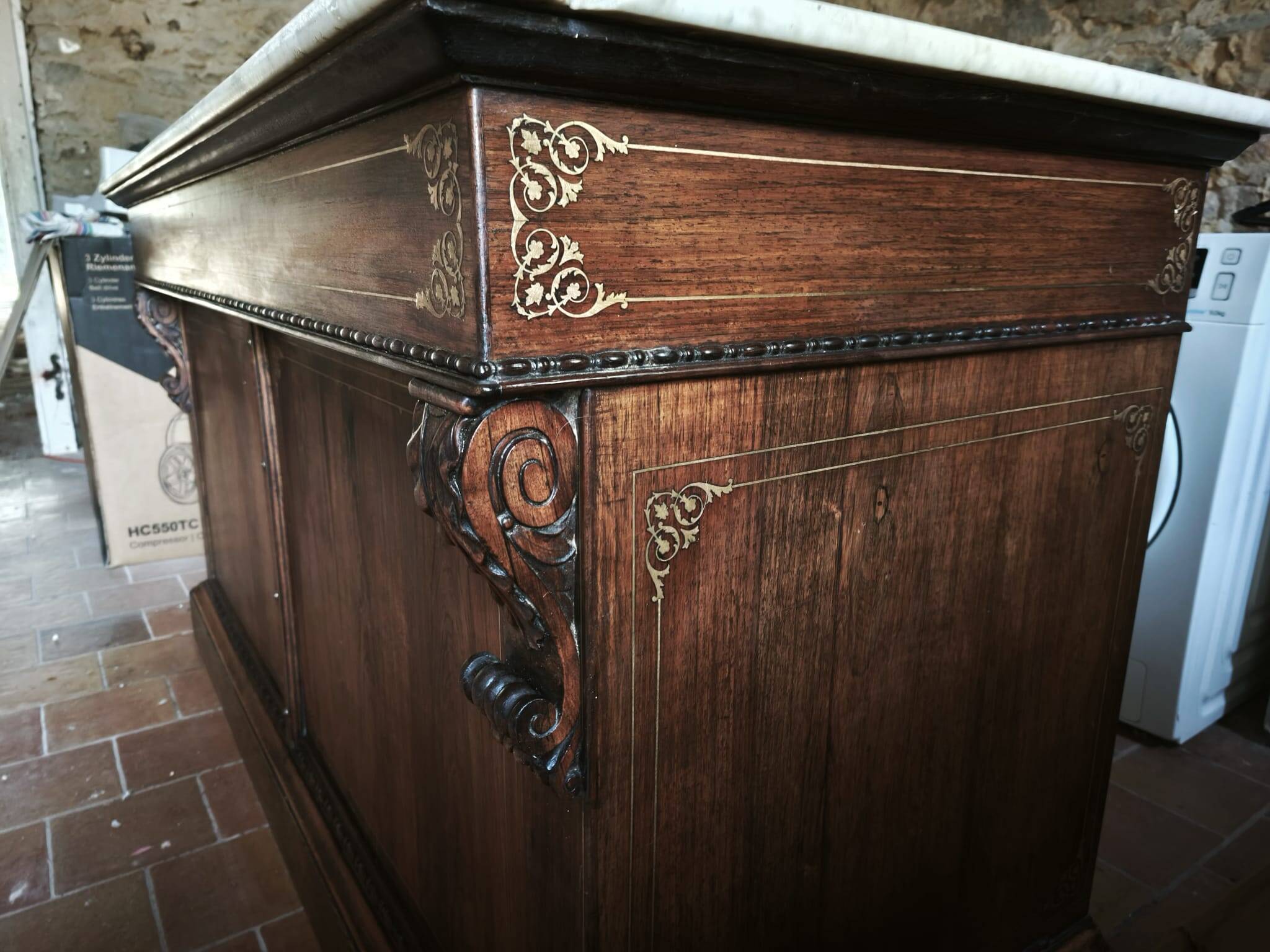 Antique bakery counter in rosewood and Carrara marble.