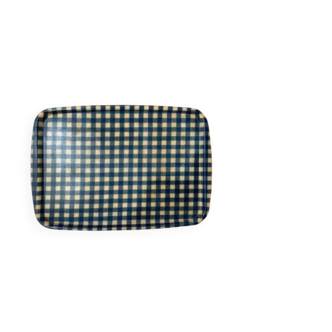 Vintage large platter in fibreglass resin, blue gingham pattern, large size.