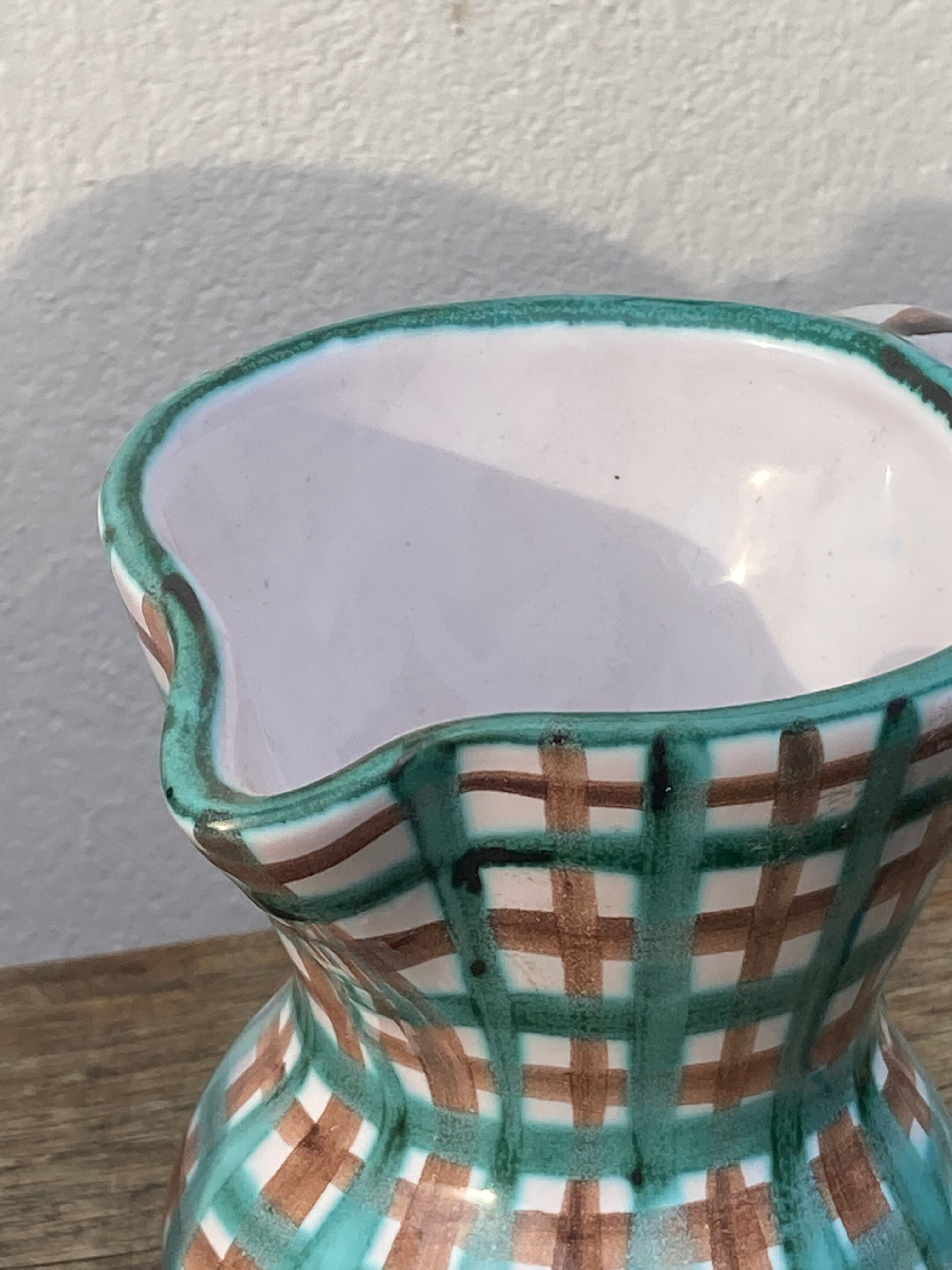 Robert Picault pitcher in green ceramic Vallauris checkered 1960