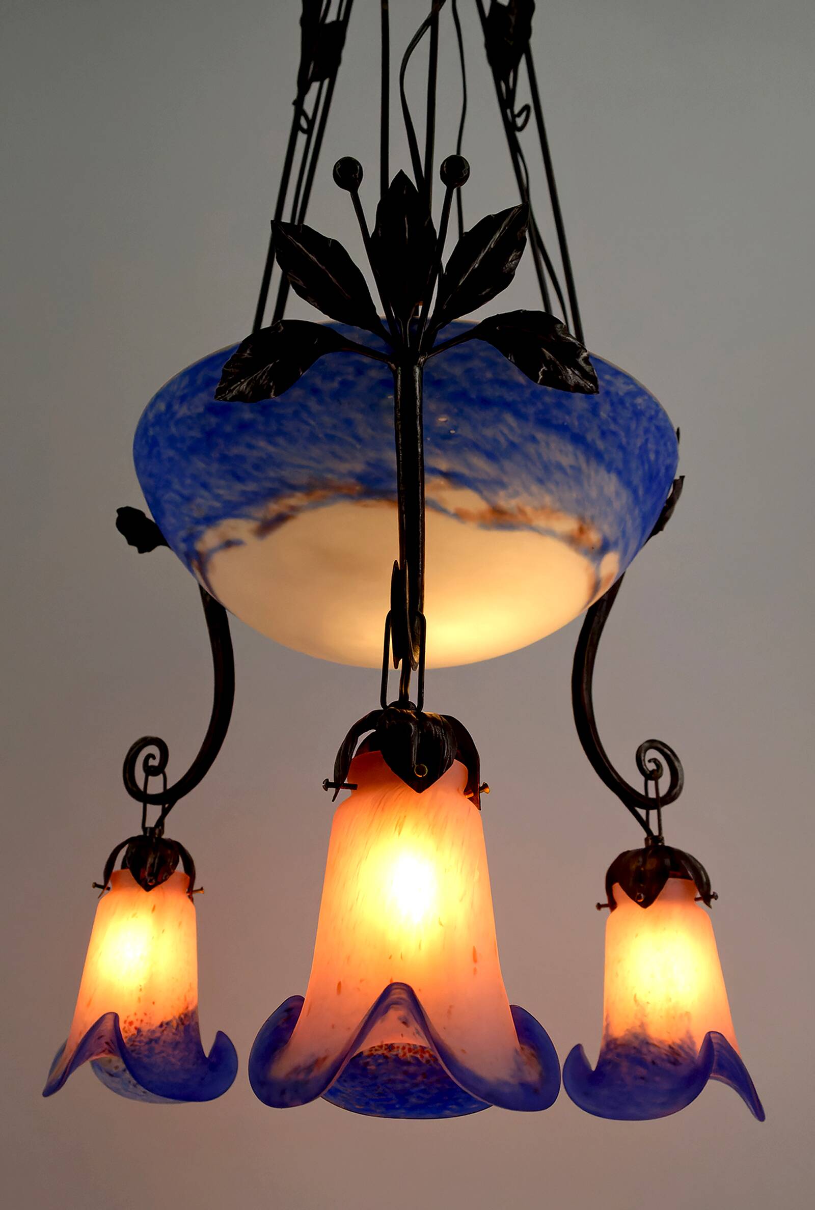 Wrought Iron and Blue Glass Paste Chandelier, Art Deco, France