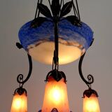 Wrought Iron and Blue Glass Paste Chandelier, Art Deco, France