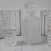 Set of whisky decanter and its 4 assorted glasses 70s