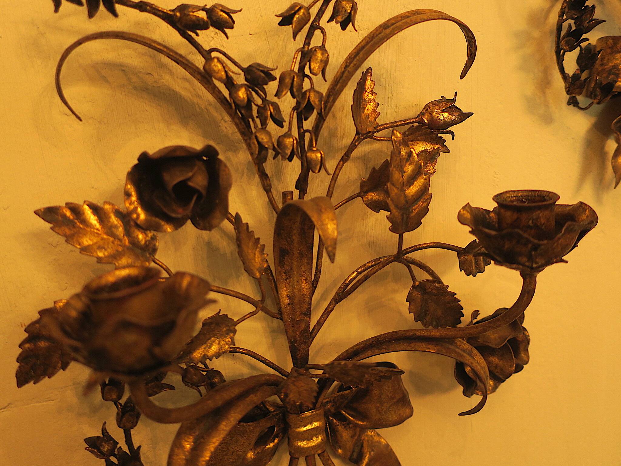 Pair of gold plated wall double candleholders with roses by Hans Kögl, 1960