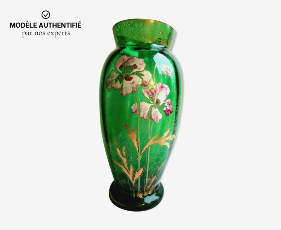 Vase Art Nouveau verre vert émaillé Legras, Les anémones mauves et blanches  | Selency