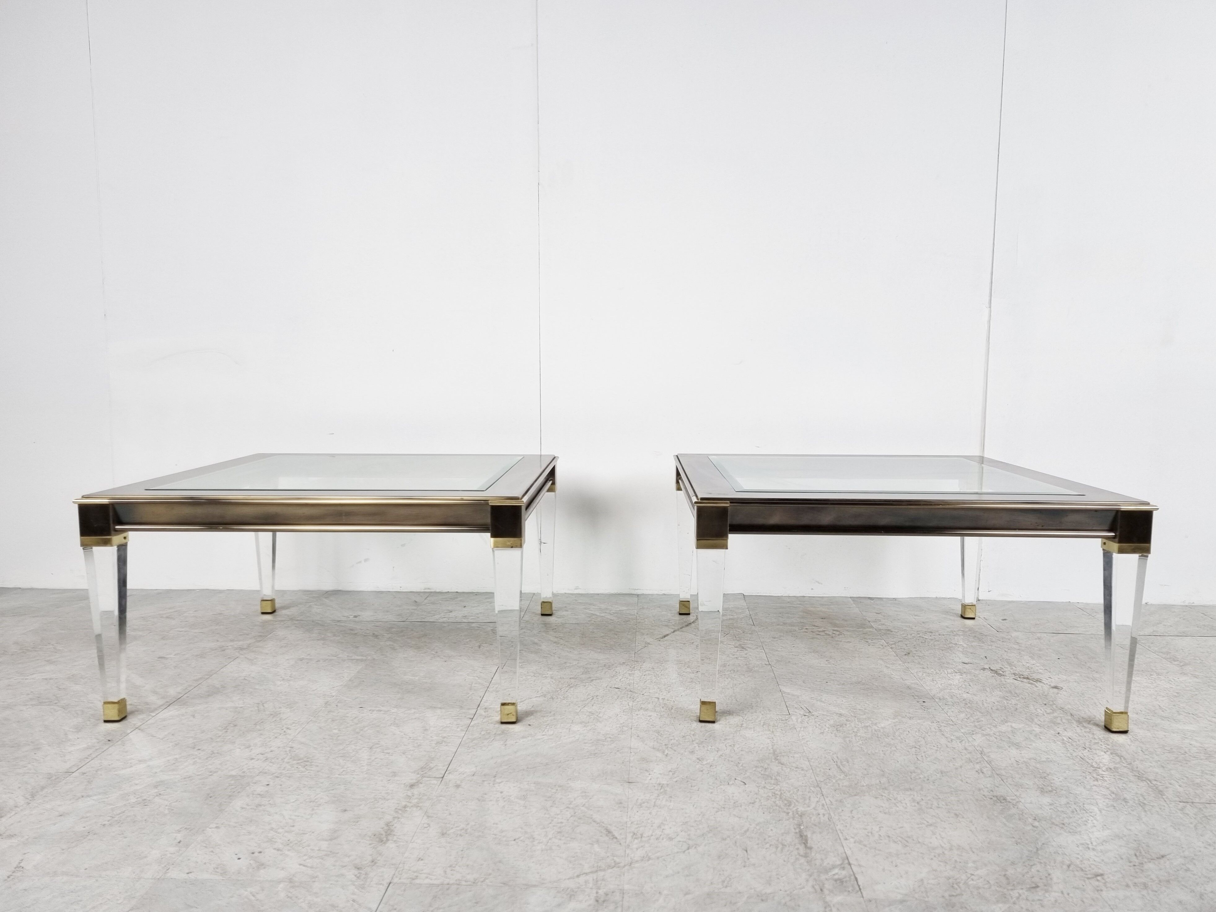 Vintage lucite and brass side tables, 1980s