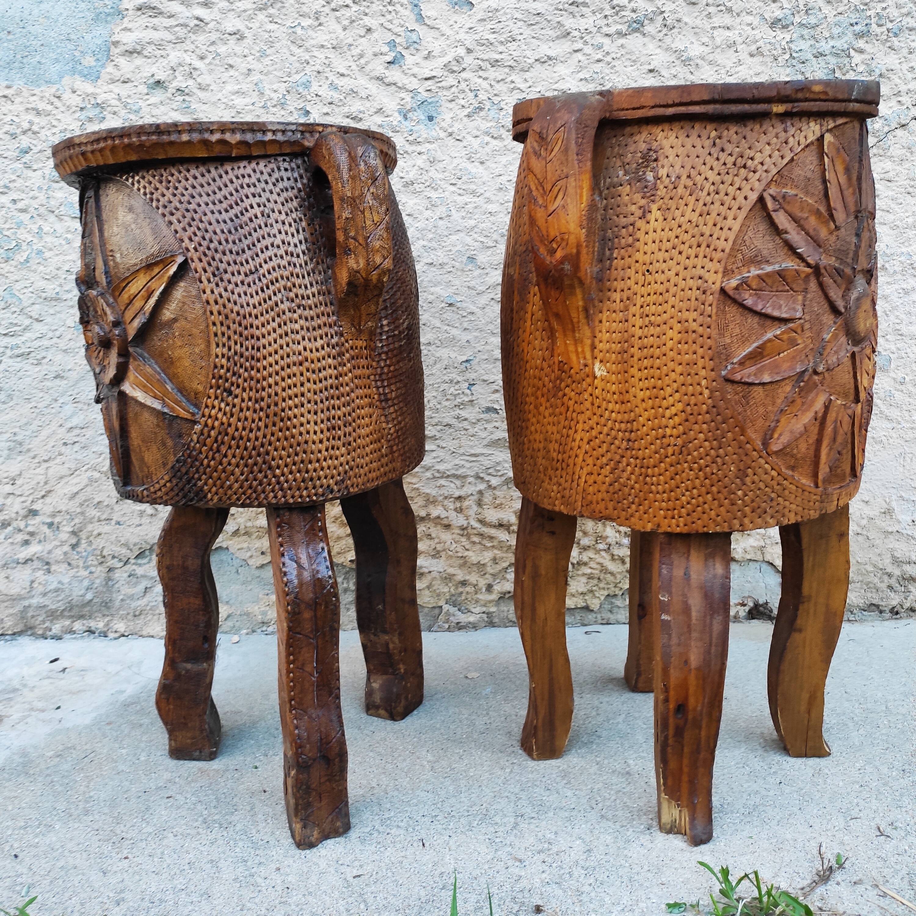 Pair of antique brutalist planters, Savoyard folk art