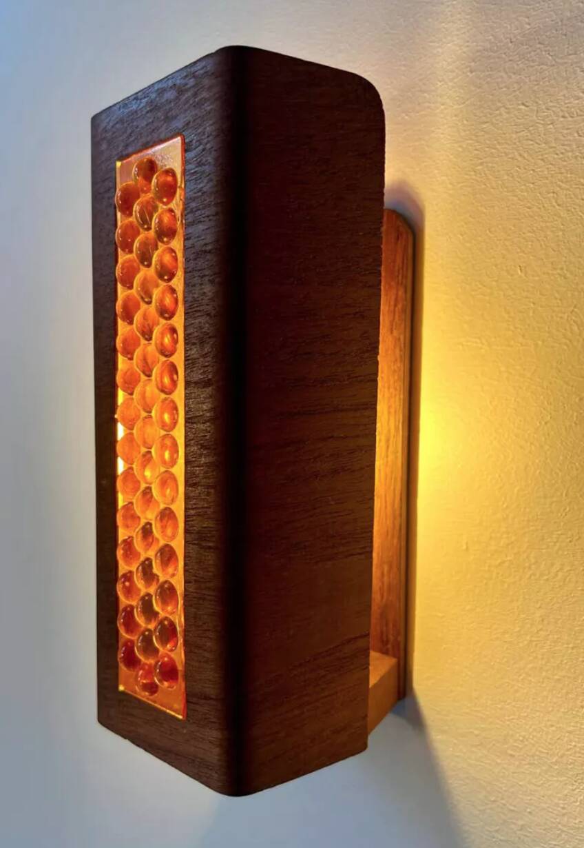 Pair of vintage wall lights, teak and amber glass, Sweden 1960