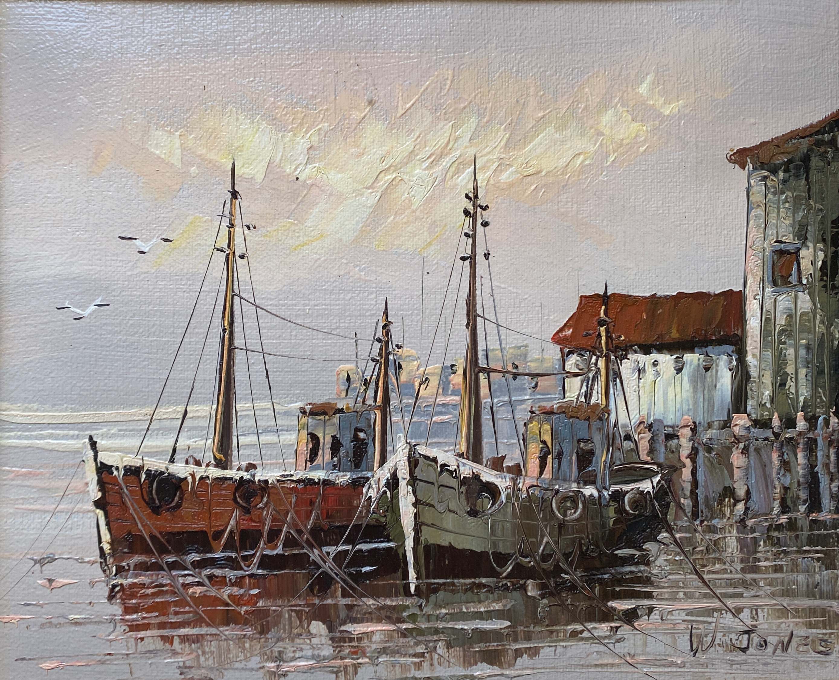 Tableau HST "Marine, les barques au port" signé W. Jones, référencé