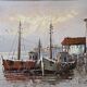 Tableau HST "Marine, les barques au port" signé W. Jones, référencé