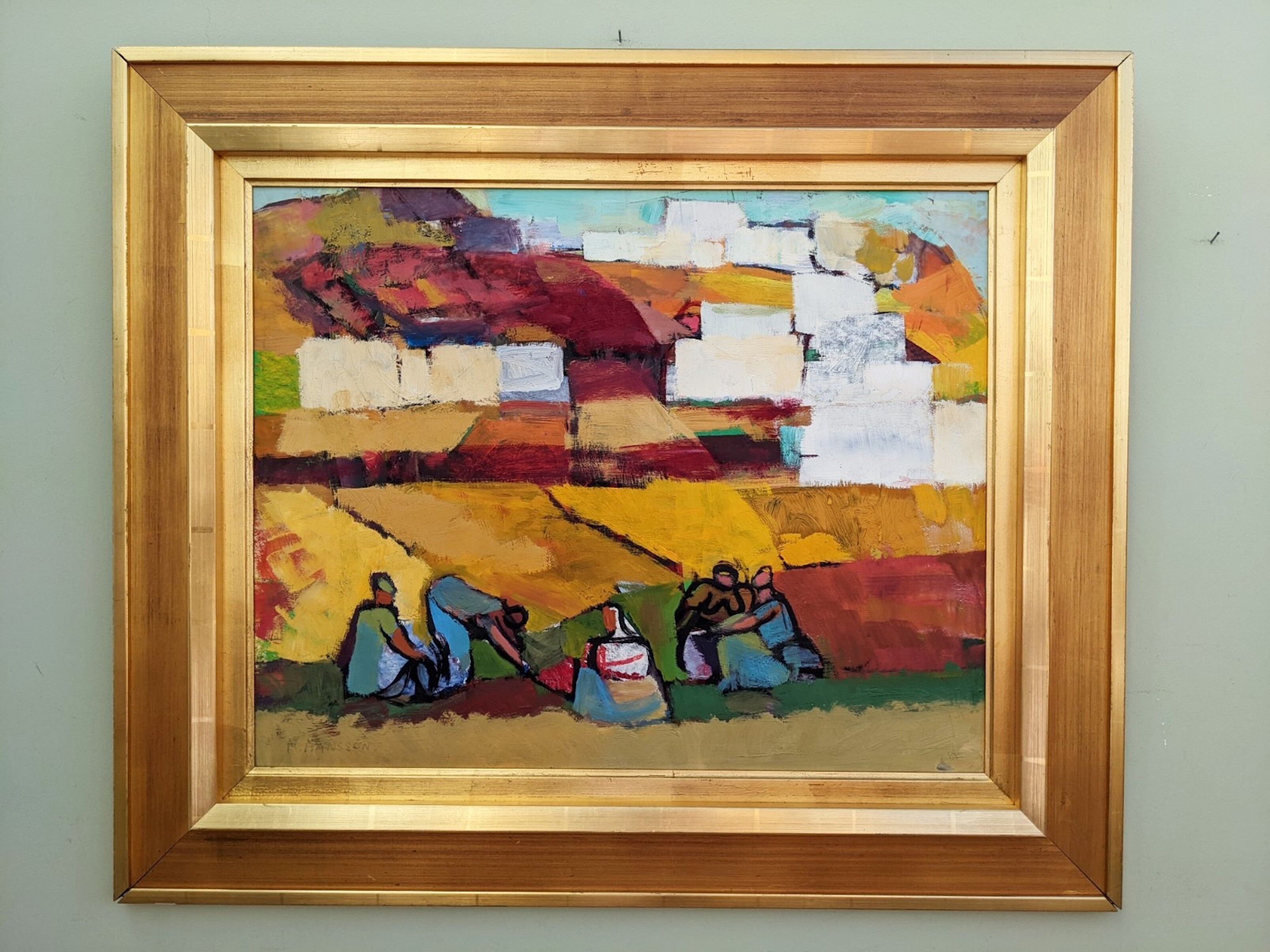 Mid-Century Modern Swedish "On the Fields" Vintage Swedish Figurative Oil Painting, Framed
