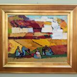 Mid-Century Modern Swedish "On the Fields" Vintage Swedish Figurative Oil Painting, Framed