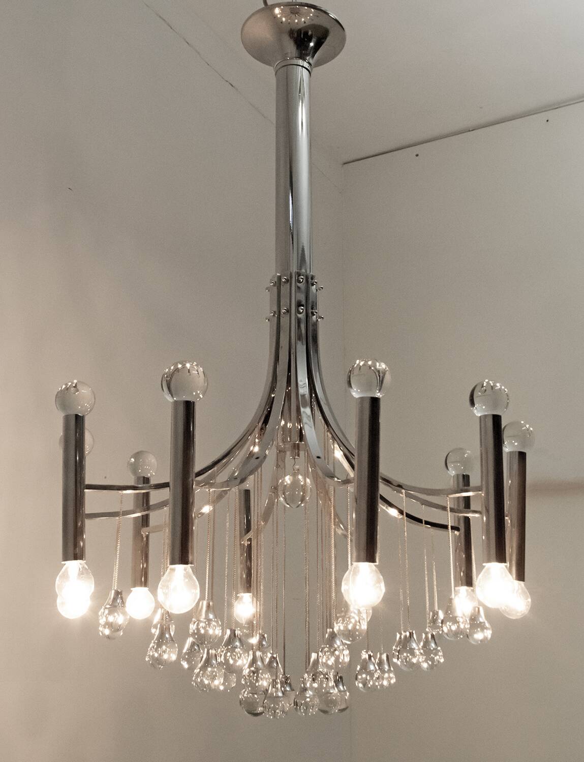 Mid-Century Modern Italian Chrome and Glass Chandelier, 1970