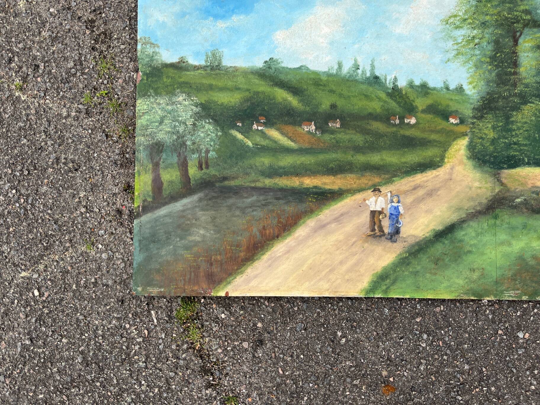 Oil painting landscape countryside signed Louroy - Characters