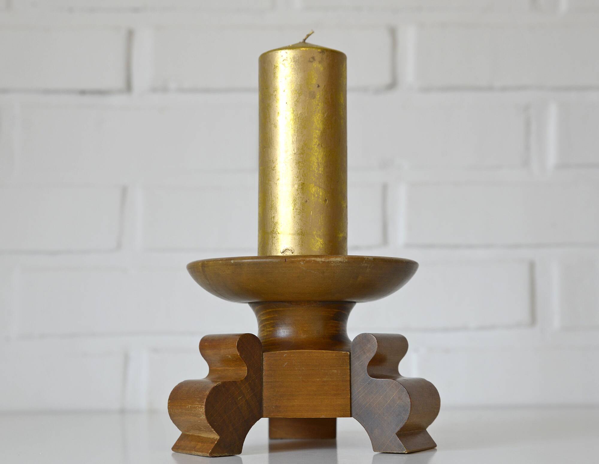 Large antique candle holder Art Deco handmade wood candle stick holder