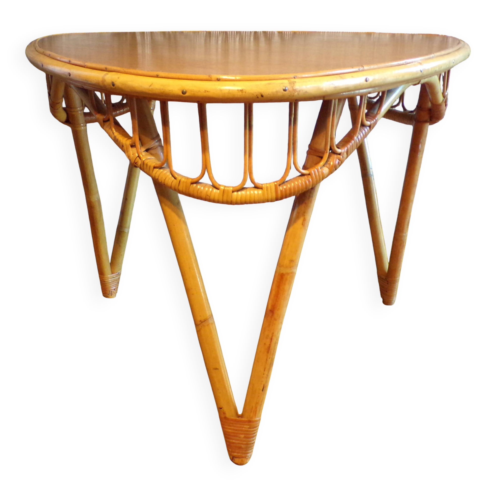 Table basse vintage tripode en rotin