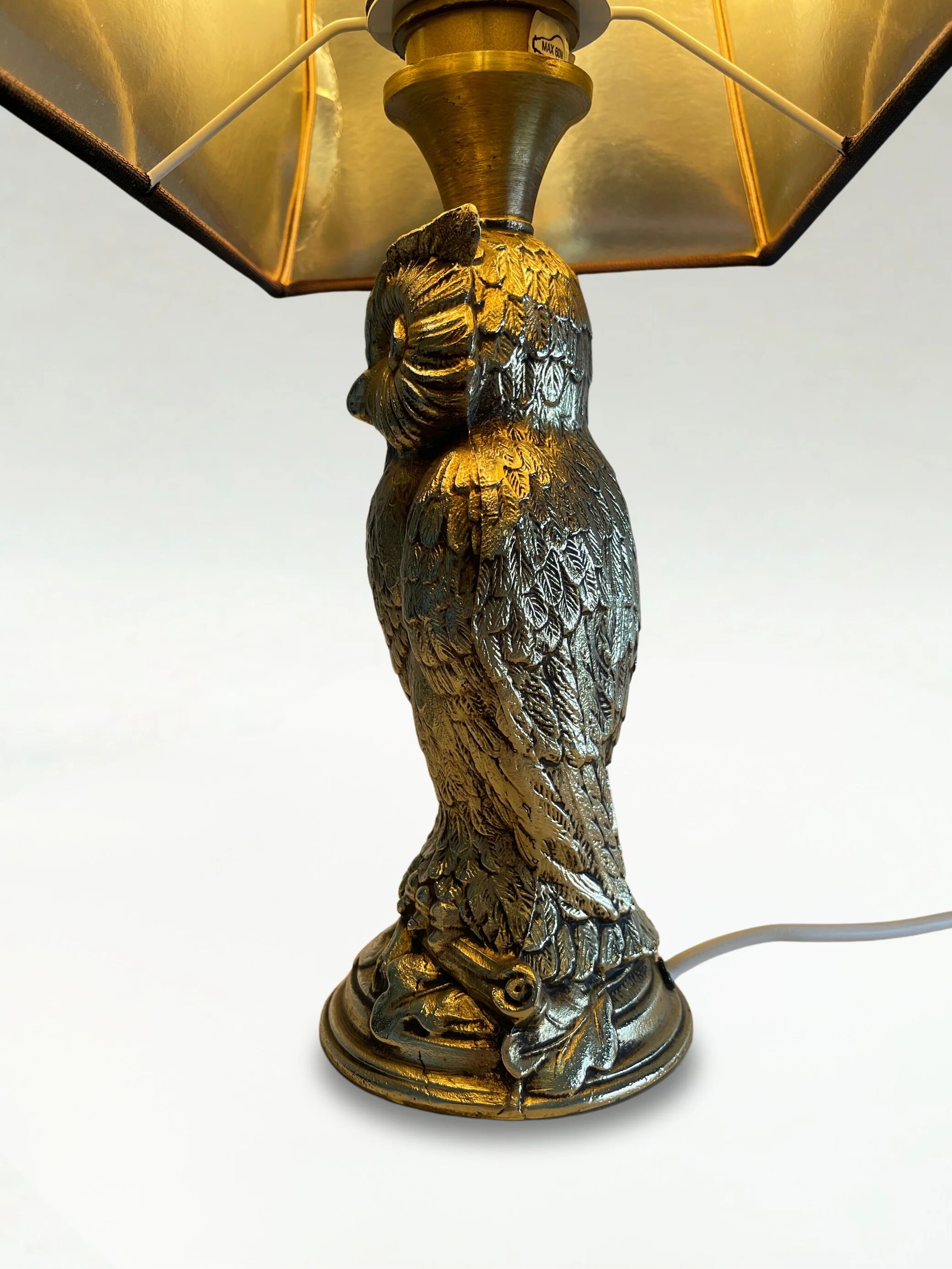 Vintage owl lamp in gold metal – Deknudt – Hollywood Regency style