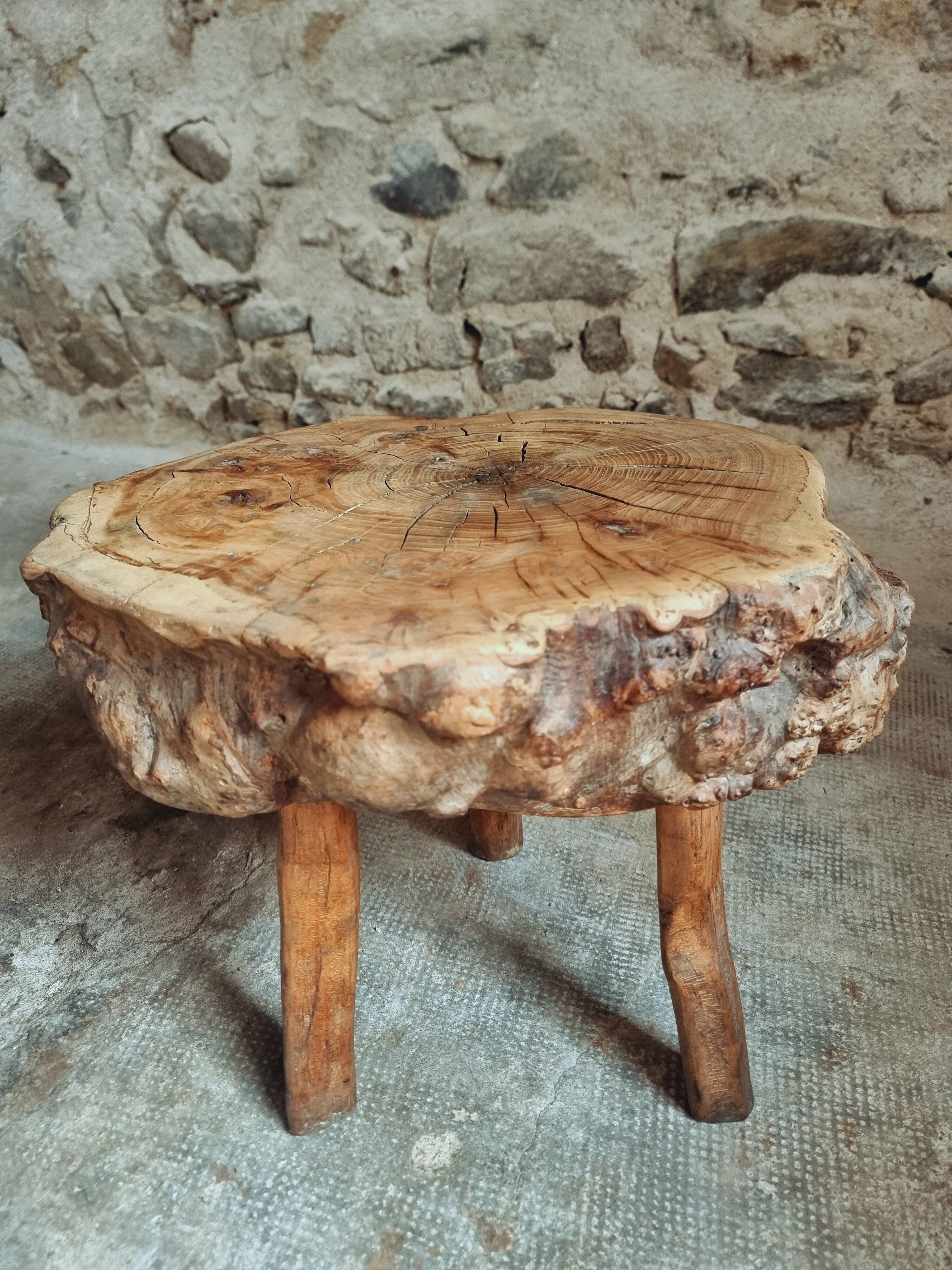 Brutalist stool in solid cherry wood – France circa 1900