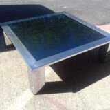 Coffee table square in chromed steel and mirror blue around 1970