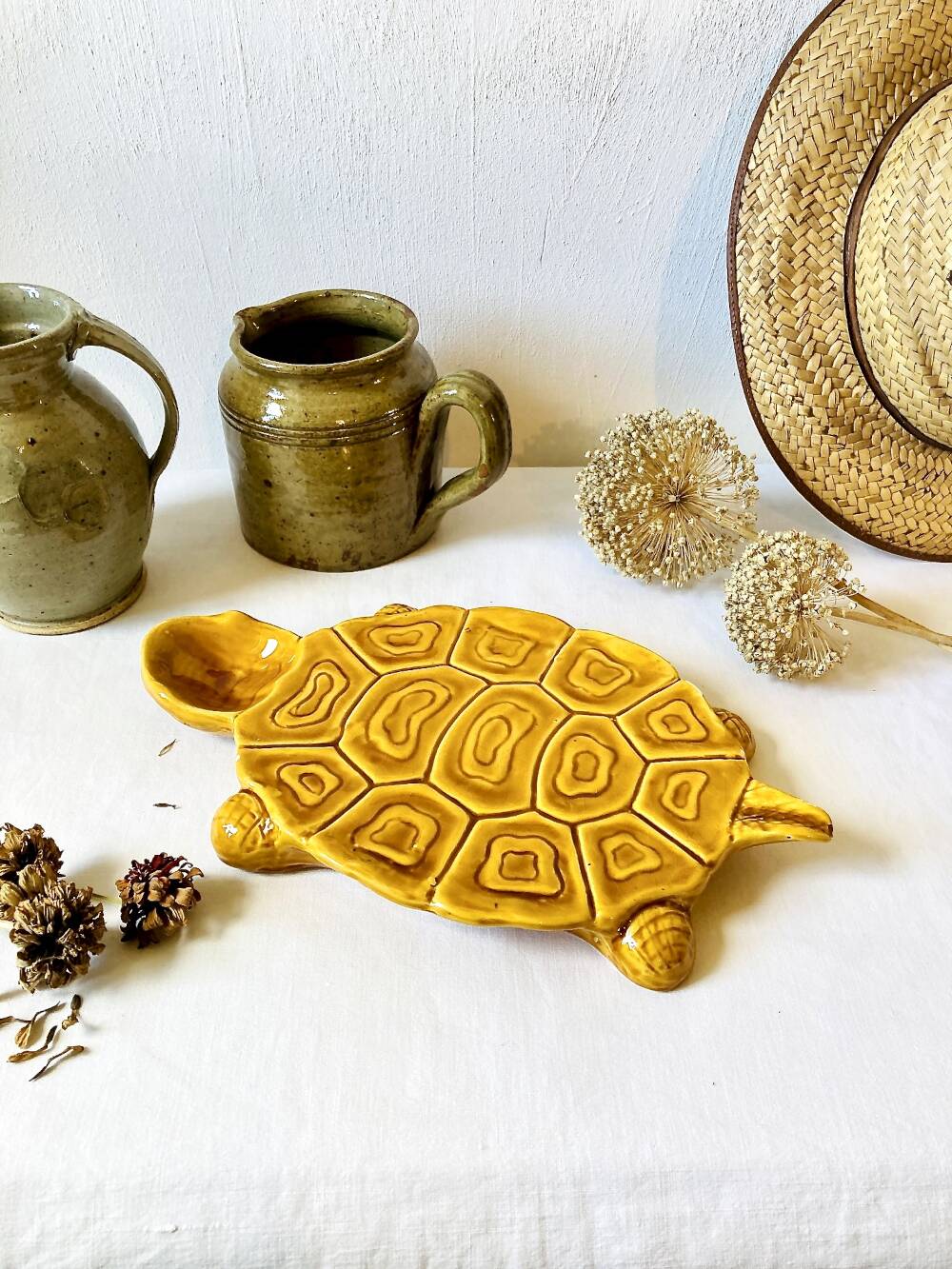 Large mustard yellow ceramic turtle dish, vintage 1950s-1970s.